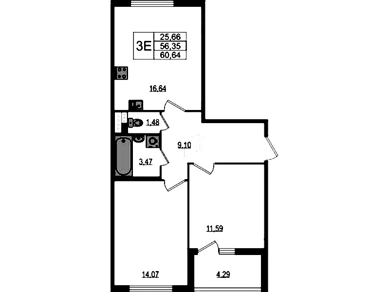 2-комнатная квартира 56.35 м², 2/4 эт., ЖК «Любоград в Стрельне»